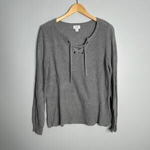 Old Navy Lace Up Pullover Women Medium Gray EUC Ribbed Cotton Blend Sweater